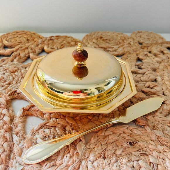 Vintage Made In Italy Gold Plated Brass Covered Butter Dish and Jam Pot - Picture 7 of 12